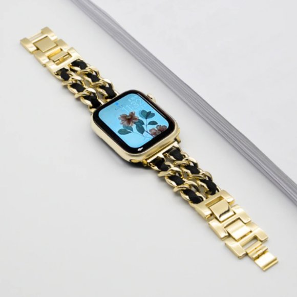 NEW Strap Gold Black Chain Leather Stainless Band For Apple Watch - Picture 4 of 5